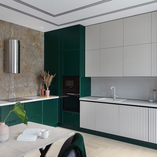 Mossman VITTO3 фото интерьера двухцветной угловой кухни в современном стиле